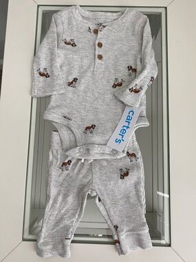 Carter's White Waffle Knit Baby Two-Piece Set with Puppy Accent